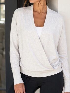 Athleta Purana V-Neck Wrap Sweatshirt Oversized Silver Beige Cream